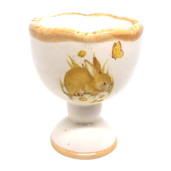 Susan Winget 10 Ceramic Bunny & Butterfly Egg Cup Holder 2.5"x3" White & Tan Vtg - Picture 2 of 4